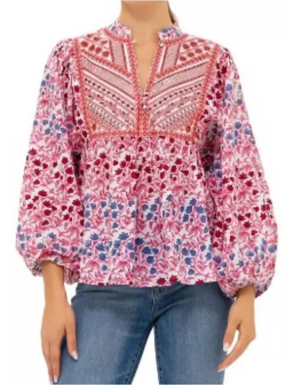 Oliphant Pink and Blue Floral Embroidered Peasant Blouse